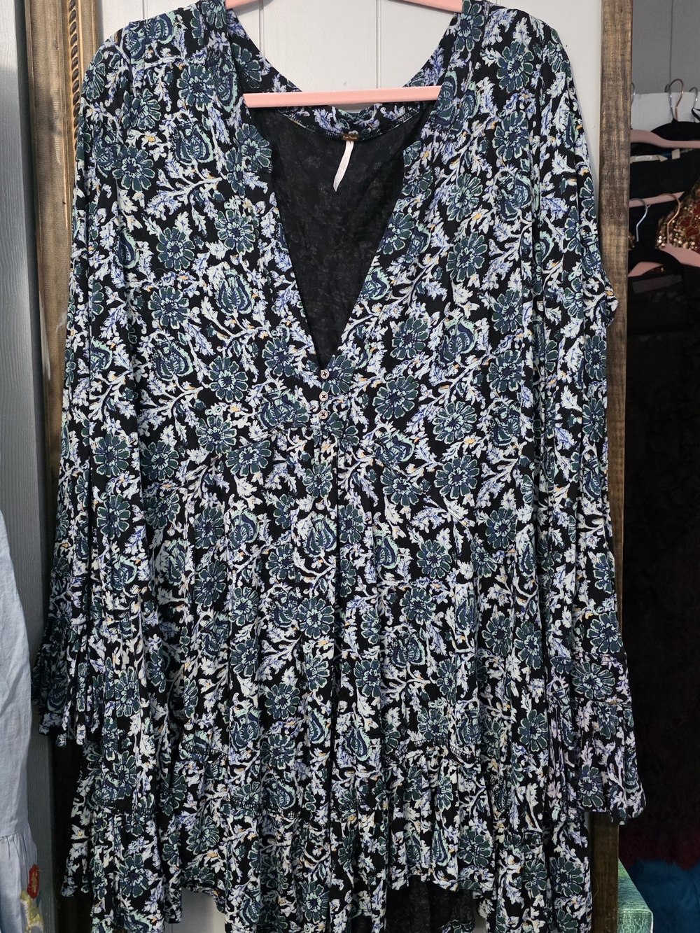 Free People Black Floral Long Sleeve Tiered Dress with Teal Accents